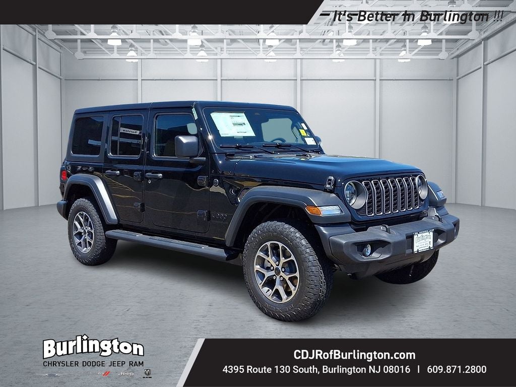 2026 Jeep Wrangler WRANGLER 4-DOOR SPORT S in Black Clear-Coat Exterior Paint — front three-quarter view