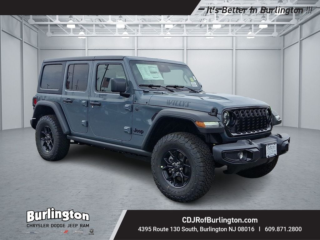 2026 Jeep Wrangler WRANGLER 4-DOOR WILLYS in Anvil Clear-Coat Exterior Paint — front three-quarter view