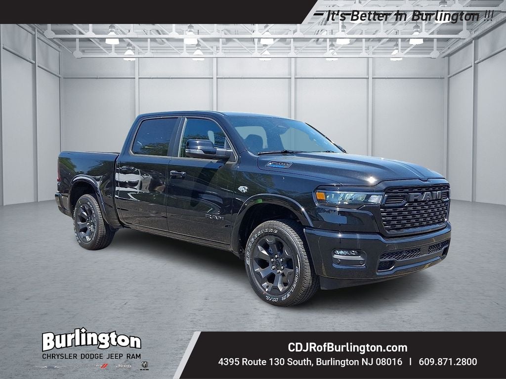 2026 RAM Ram 1500 RAM 1500 BIG HORN CREW CAB 4X4 5'7' BOX in Diamond Black Crystal Pearl-Coat Exterior Paint — front three-quarter view