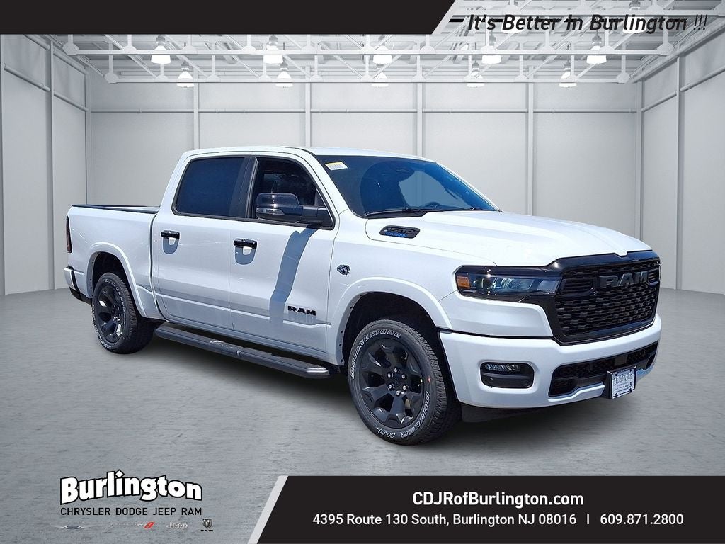 2026 RAM Ram 1500 RAM 1500 BIG HORN CREW CAB 4X4 5'7' BOX in Bright White Clear-Coat Exterior Paint — front three-quarter view