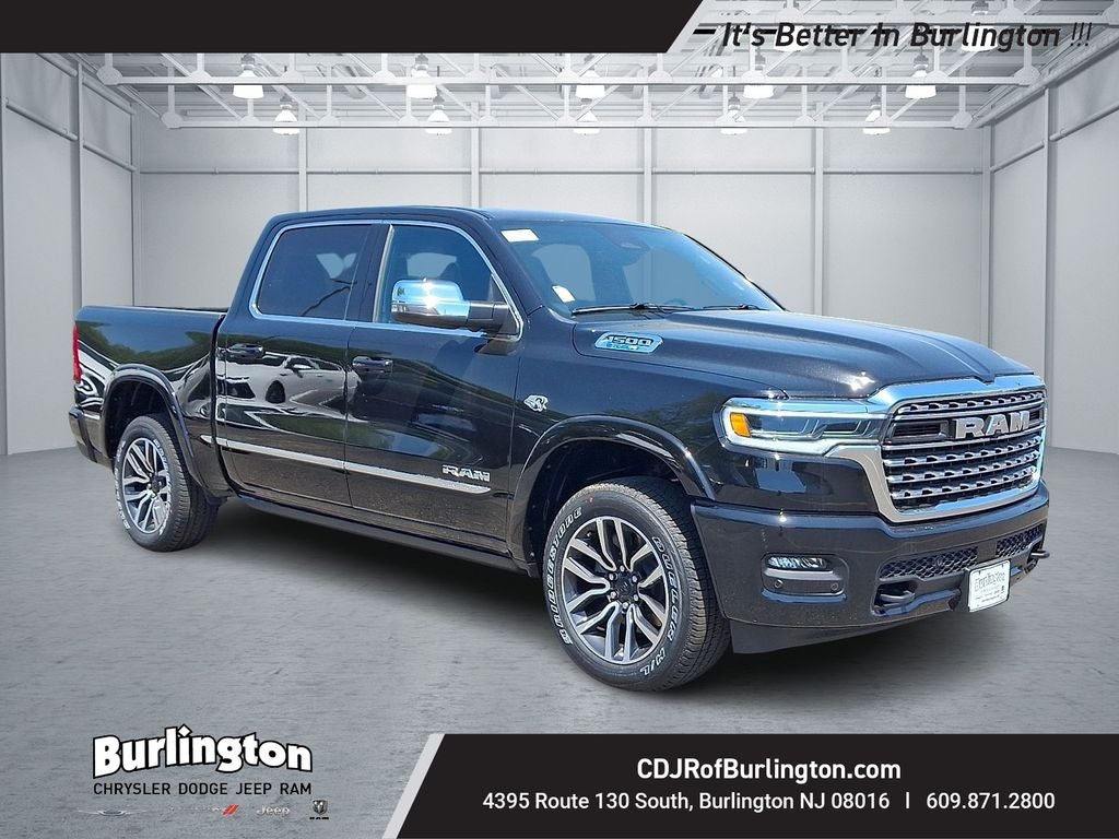 2026 RAM Ram 1500 RAM 1500 LIMITED CREW CAB 4X4 5'7' BOX in Diamond Black Crystal Pearl-Coat Exterior Paint — front three-quarter view