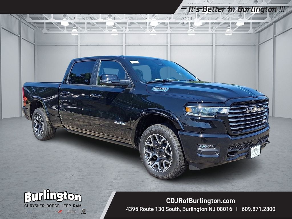 2026 RAM Ram 1500 RAM 1500 LARAMIE CREW CAB 4X4 6'4' BOX in Diamond Black Crystal Pearl-Coat Exterior Paint — front three-quarter view